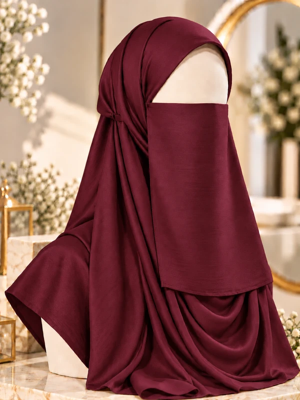 Burgundy - Silk Matching Hijab and Niqab Set