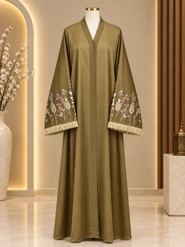 MOULVI Special Olive Green Floral Embroidery Abaya