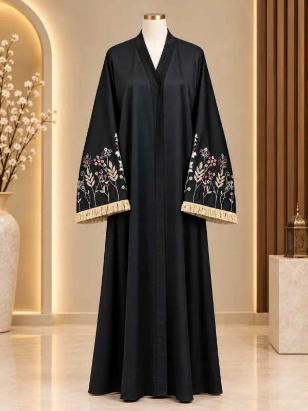 MOULVI Special Jet Black Floral Embroidery Abaya