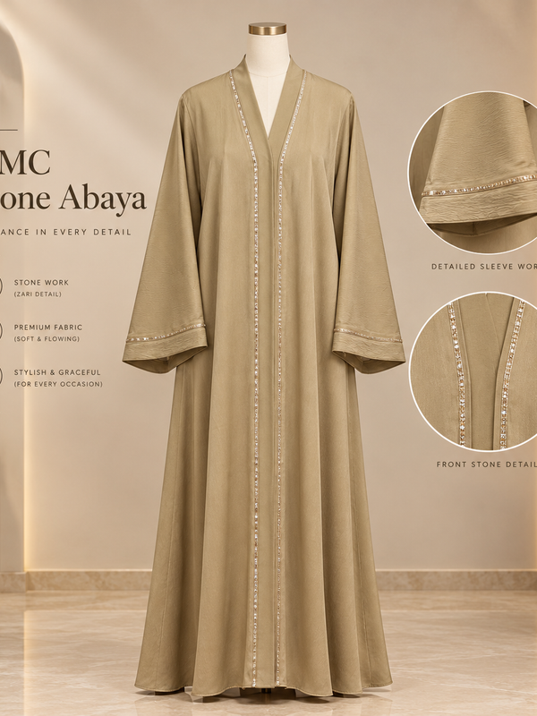 Hareer Beige Abaya With Pocket - Shiny Silk Fabric Front Button DMC Stone & Sleeve Embellished Abaya