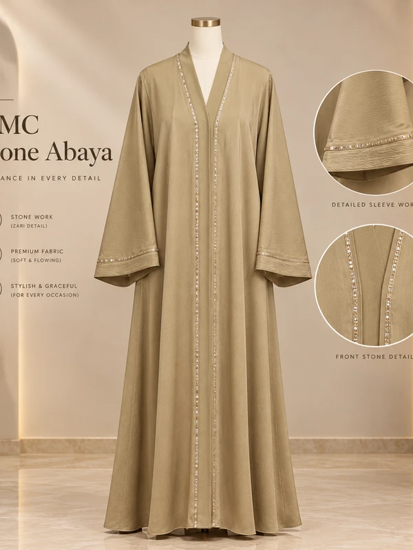 Hareer Beige Abaya With Pocket - Shiny Silk Fabric Front Button DMC Stone & Sleeve Embellished Abaya