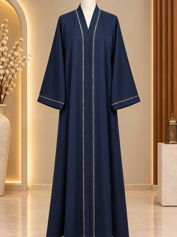 Hareer Navy Blue Abaya With Pocket - Shiny Silk Fabric Front Button DMC Stone & Sleeve Embellished Abaya