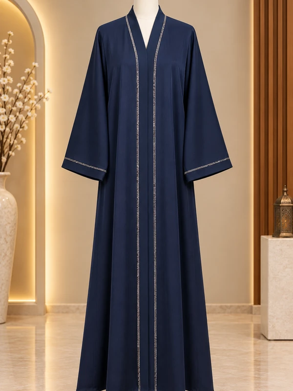 Hareer Navy Blue Abaya With Pocket - Shiny Silk Fabric Front Button DMC Stone & Sleeve Embellished Abaya