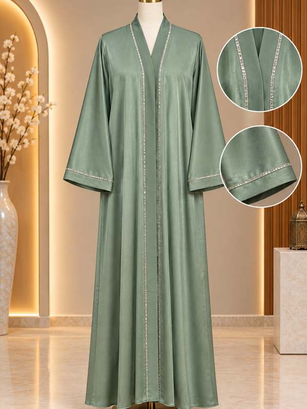 Hareer Sage Green Abaya With Pocket - Shiny Silk Fabric Front Button DMC Stone & Sleeve Embellished Abaya