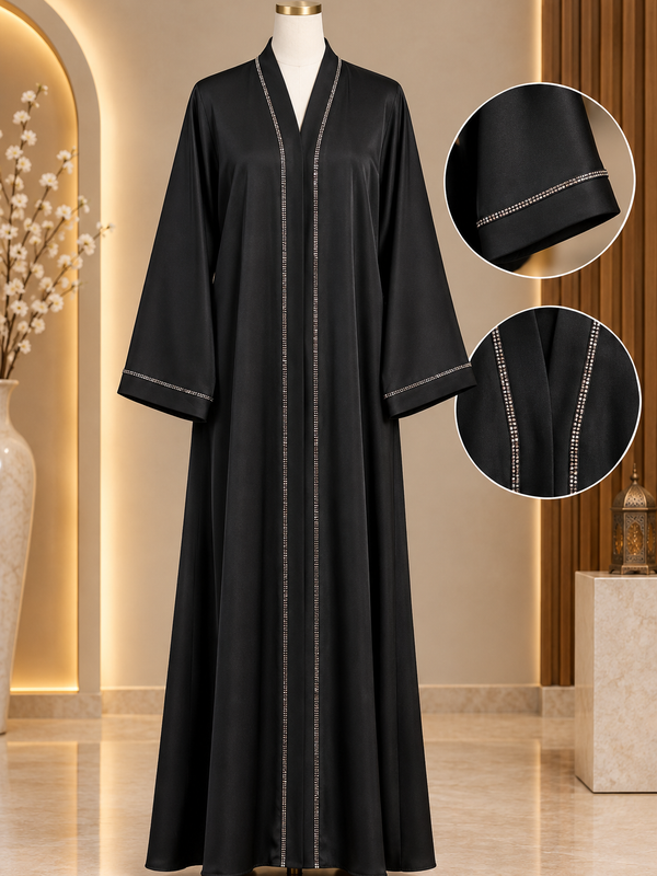 Hareer Sage Green Abaya With Pocket - Shiny Silk Fabric Front Button DMC Stone & Sleeve Embellished Abaya