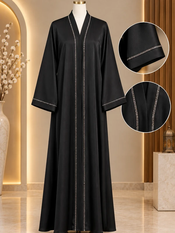 Hareer Sage Green Abaya With Pocket - Shiny Silk Fabric Front Button DMC Stone & Sleeve Embellished Abaya