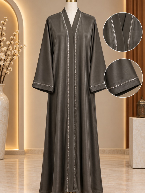 Hareer Dark Grey Abaya With Pocket - Shiny Silk Fabric Front Button DMC Stone & Sleeve Embellished Abaya
