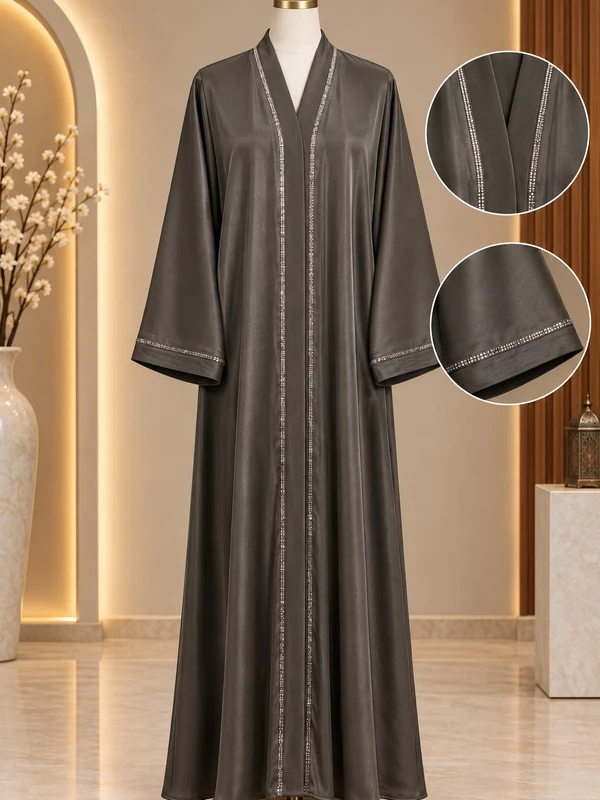 Hareer Dark Grey Abaya With Pocket - Shiny Silk Fabric Front Button DMC Stone & Sleeve Embellished Abaya