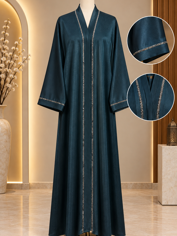 Hareer Teal Blue Abaya With Pocket - Shiny Silk Fabric Front Button DMC Stone & Sleeve Embellished Abaya
