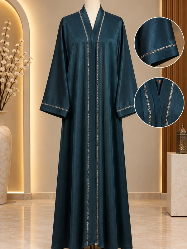 Hareer Teal Blue Abaya With Pocket - Shiny Silk Fabric Front Button DMC Stone & Sleeve Embellished Abaya