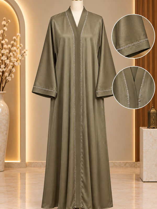 Hareer Olive Green Abaya With Pocket - Shiny Silk Fabric Front Button DMC Stone & Sleeve Embellished Abaya